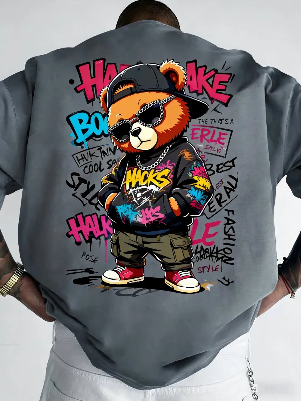 Teddy Bear Graffiti Print T-Shirt — Men's Breathable Round Neck Street Style Top