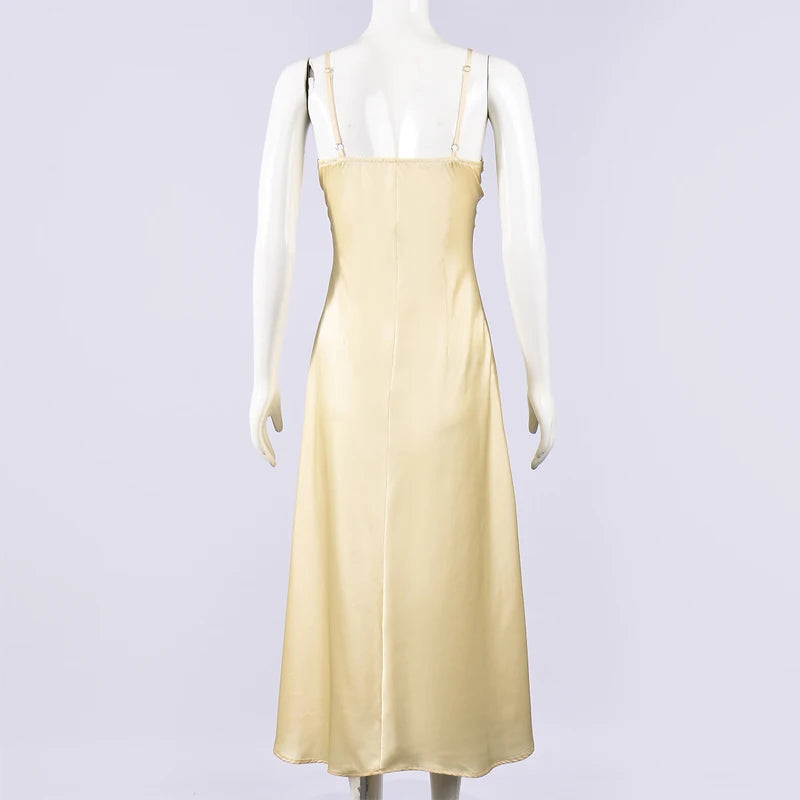 Butter Yellow Satin Bias Cut Lace Patchwork Midi Dress – V-Neck Backless Y2K Party Dress