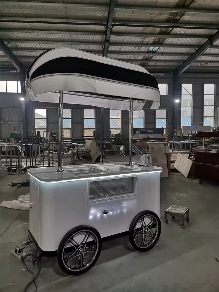 Customized Mobile Food Vending Cart with Canopy – Commercial Street Stall for Ice Cream & Snacks
