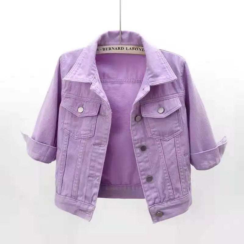 Women's Denim Jacket – Short Casual Jean Coat in Pink, White, Light Blue & Lavender