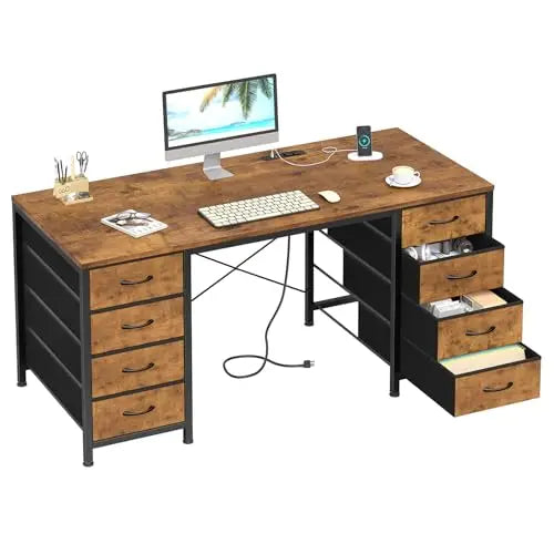 50-Inch Computer Desk with 8 Fabric Drawers & Power Outlets — L-Shape Home Office & Gaming Desk