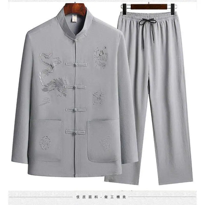 Men's Chinese Style Long Sleeve Shirt & Elastic Waist Pants Casual Set