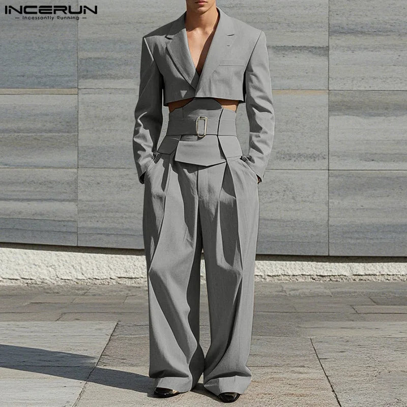 Men's Cropped Waistband Wide Leg Pants & Top Solid 2-Piece Set S–5XL – Handsome Casual Suit