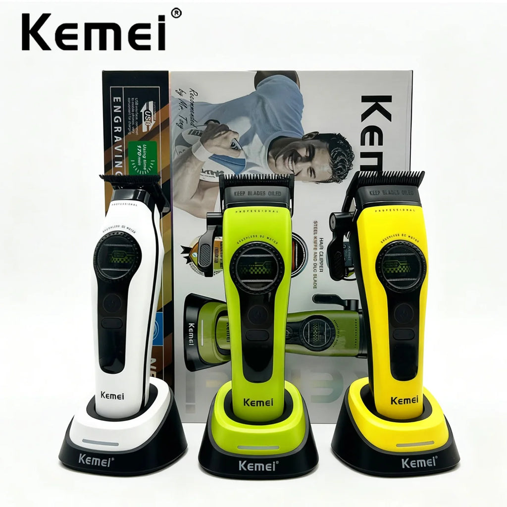 Kemei KM-1593 / KM-1595 Professional Brushless Clipper – 5-Speed, DLC Blade, 200-Min, USB-C