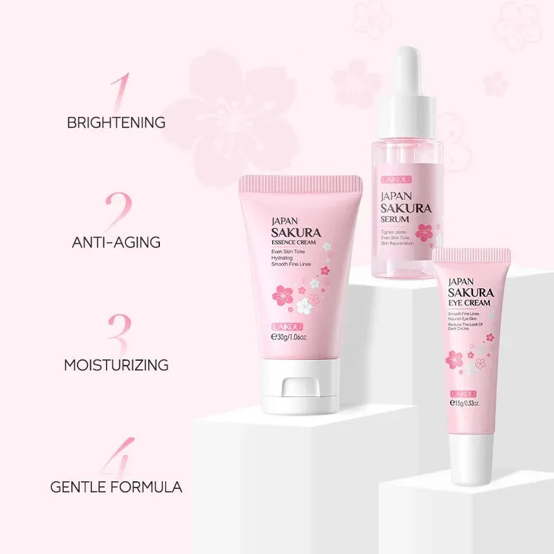 LAIKOU Sakura Skincare Gift Set – Brightening Serum, Eye Cream & Essence Cream 3-Piece Box