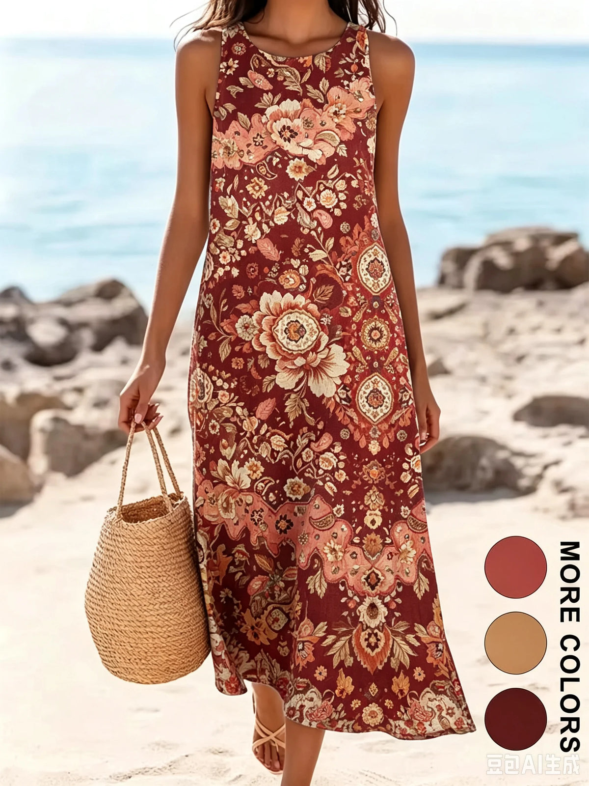 Women's Bohemian Floral Sleeveless MIDI Sundress with Pockets – Loose Sweetheart Beach Dress 2026