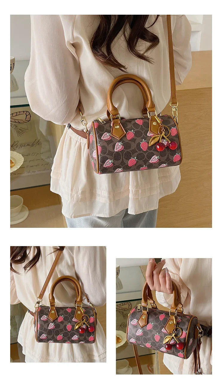 Cherry Print PU Leather Boston Crossbody Shoulder Bag – Luxury Designer Handbag for Women