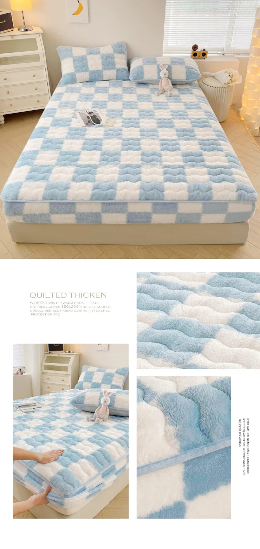 WASART Plush Warm Mattress Protector – Black & White Plaid Elastic Fitted Bed Pad