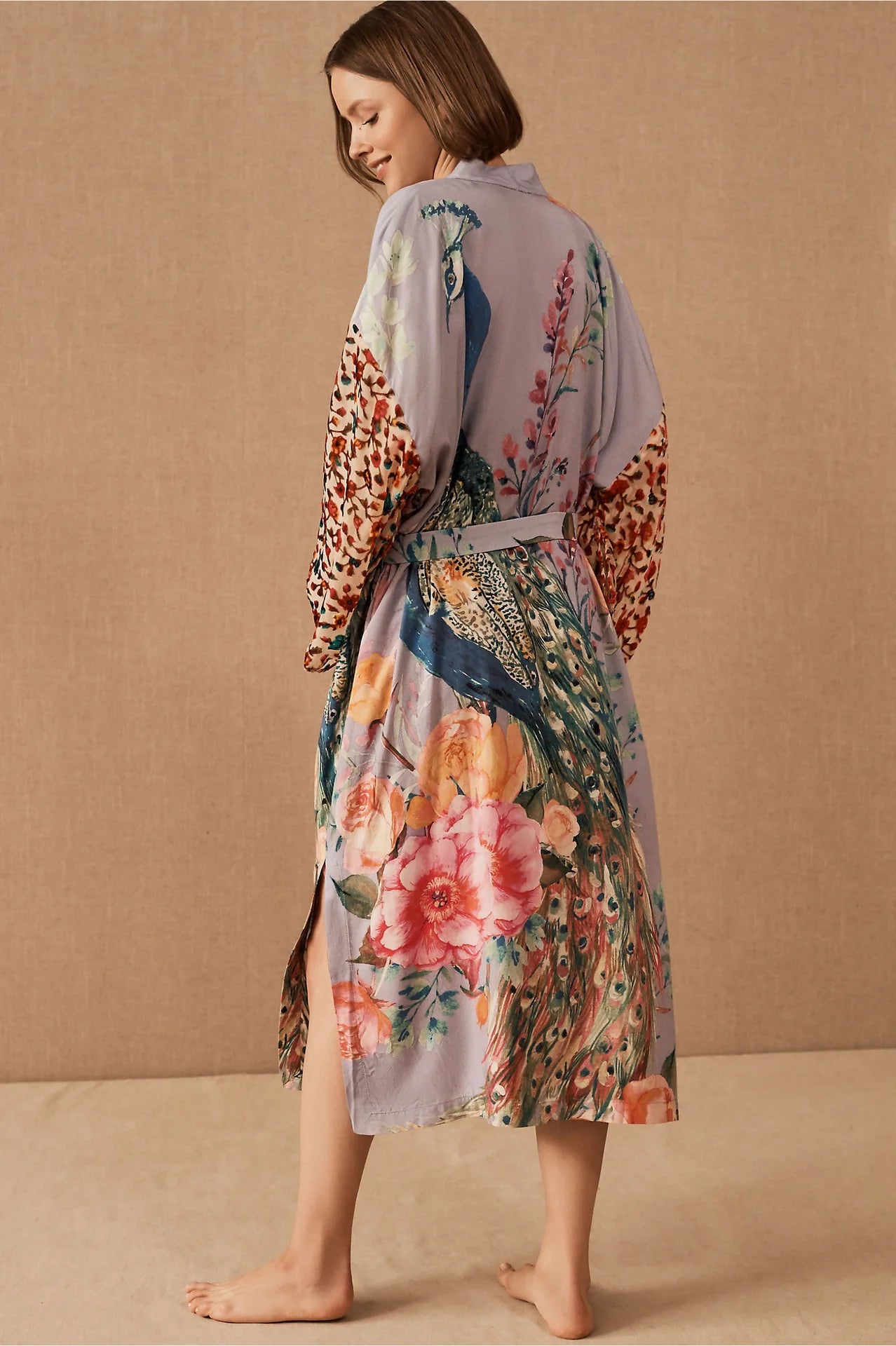 Peacock Print Beach Kimono Cover-Up — Self-Belted Wrap Dress Swimsuit Cover