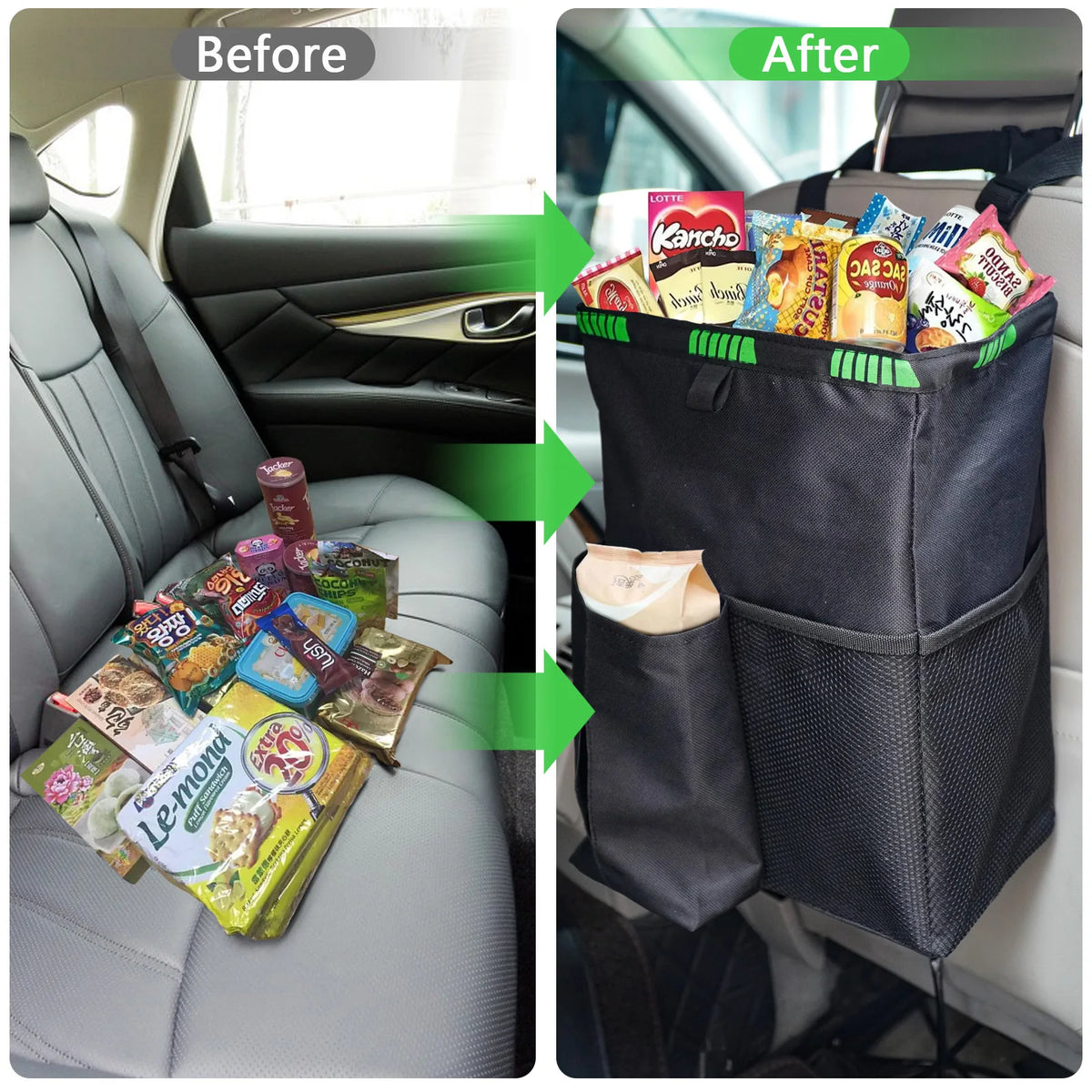 Before and after comparison of a car seat with snacks on it and a black car organizer with snacks inside