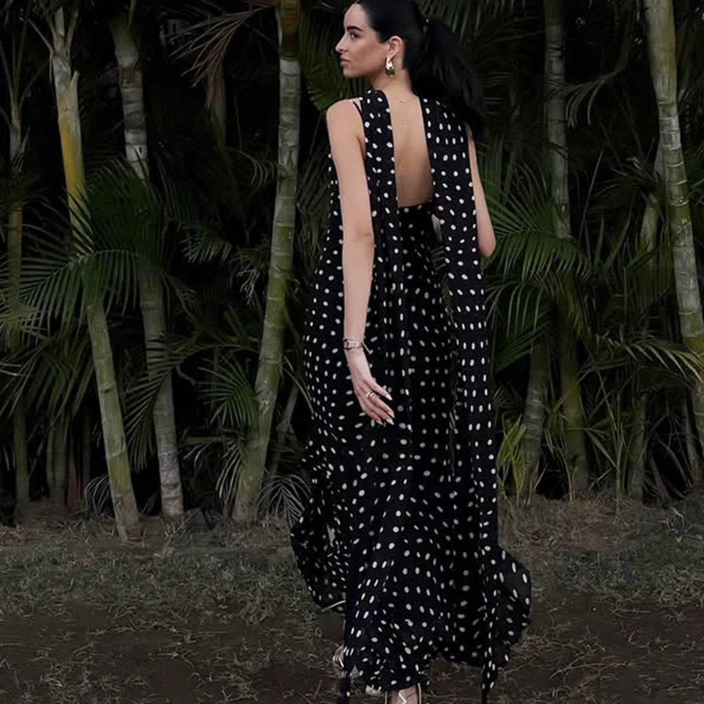Elegant Polka Dot Halter Pleated Maxi Dress – Ruffle Sleeveless Evening & Party Dress