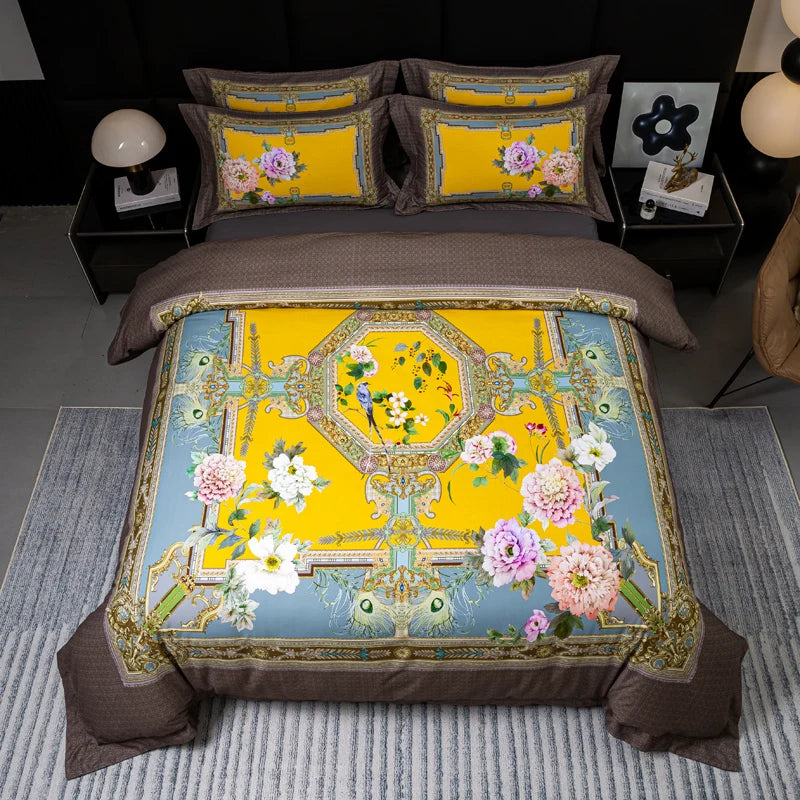 600TC Egyptian Cotton Bedding Set – Birds & Flowers Leaf Print, 16 Colors, Queen to US King