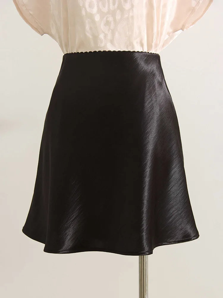 Women's Satin Mini Skirt – High Waist A-Line Luxury Office Wear in Black, Brown & Beige