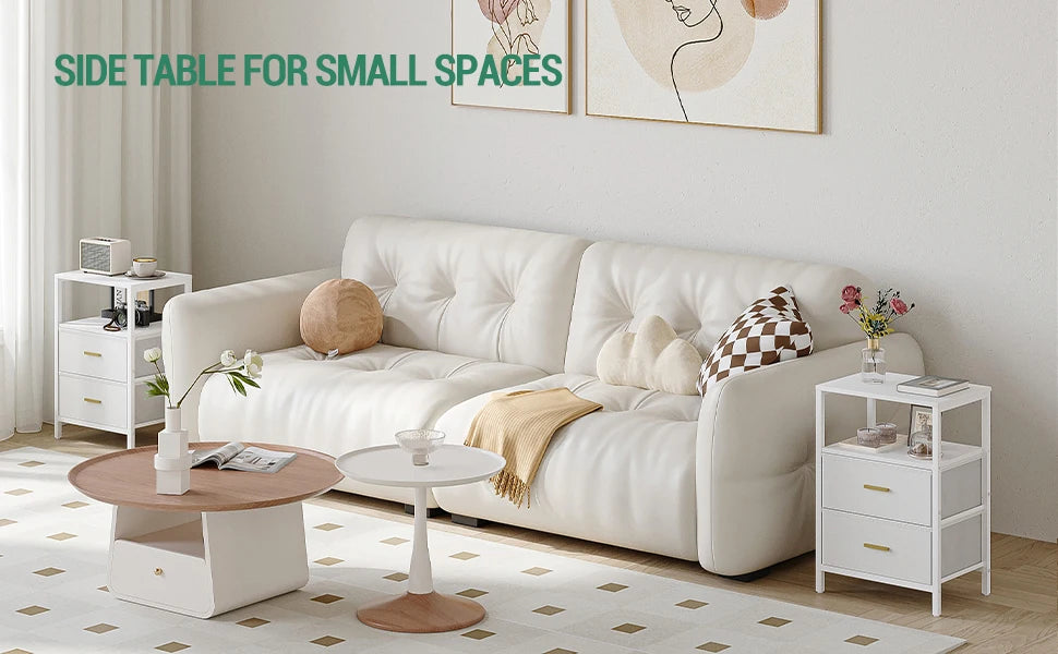 Bedside Table set of 2, Side Table with 2 Storage Drawers, Open Compartment, Coffee Table, Bedside Table Bedroom, White