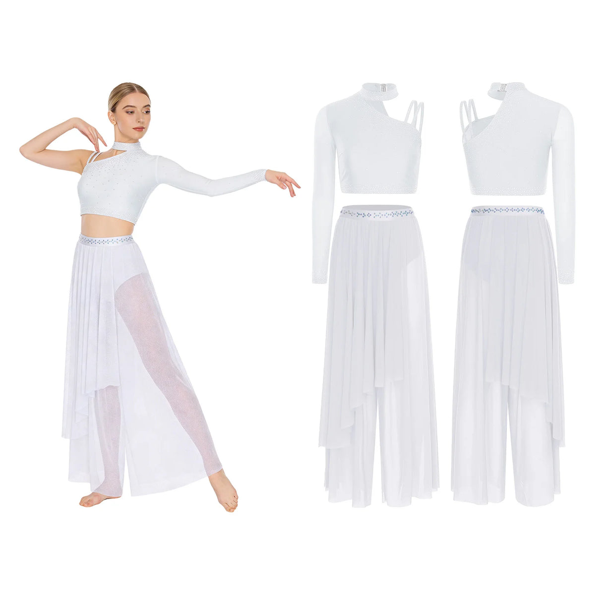 Women's Dance Performance Costume – Shiny Crop Top & Sheer Pants for Skating, Gymnastics & Ballet