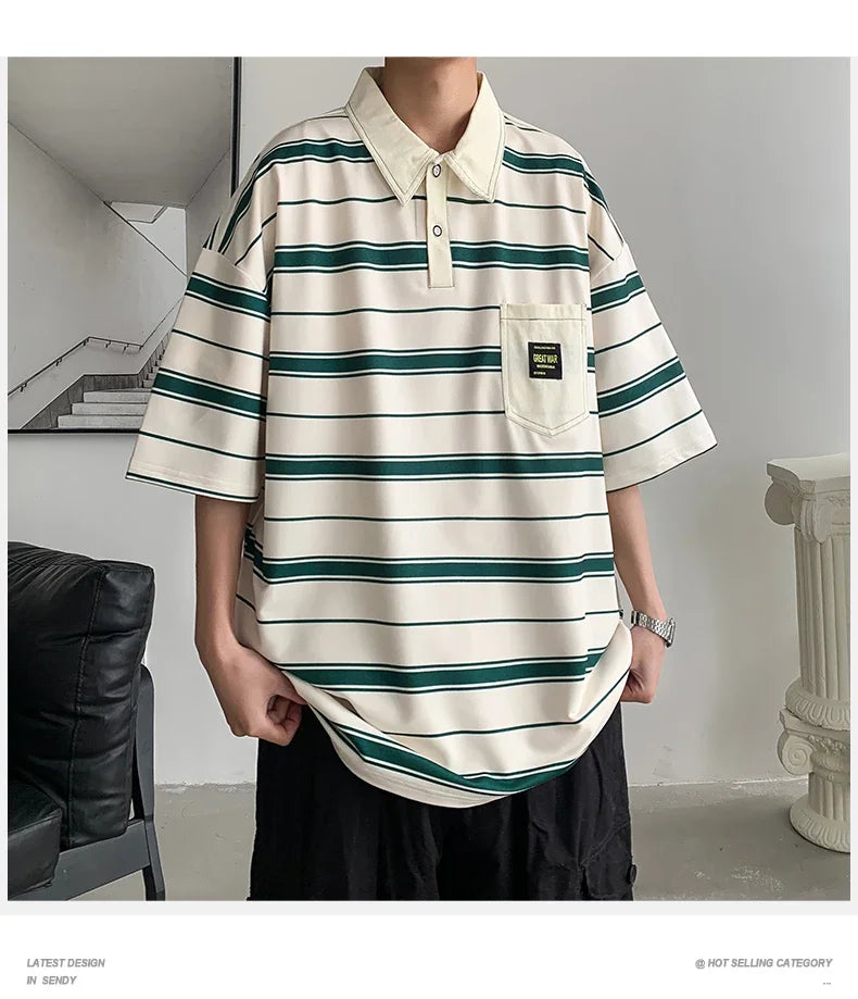 Men's Striped Polo Shirt — Loose Fit Short Sleeve Casual Summer Top