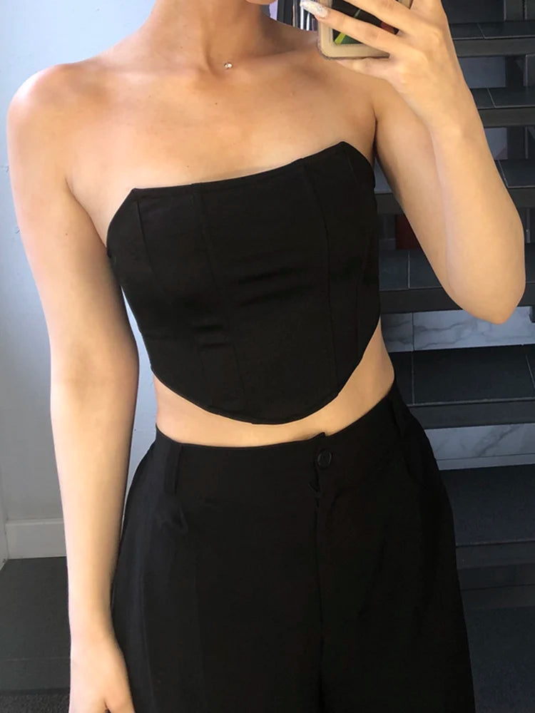 Women's Off-Shoulder Corset Crop Top – Sleeveless Backless Bustier Vest in Red, Black & Pink