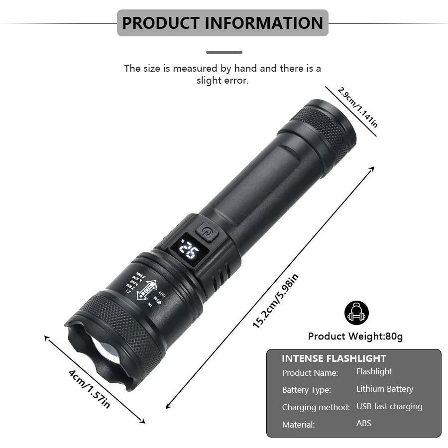 2000LM LED Tactical Flashlight with Power Display – USB Rechargeable Zoomable Camping Torch