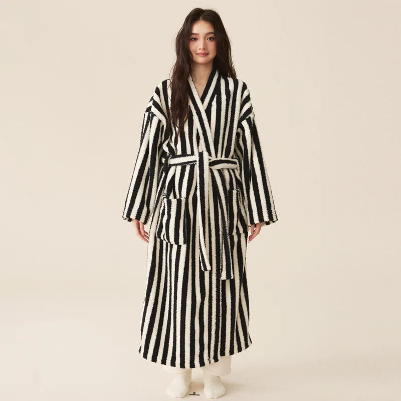 Women's Coral Velvet Striped Fleece Robe | Thick Plush Dressing Gown Loungewear