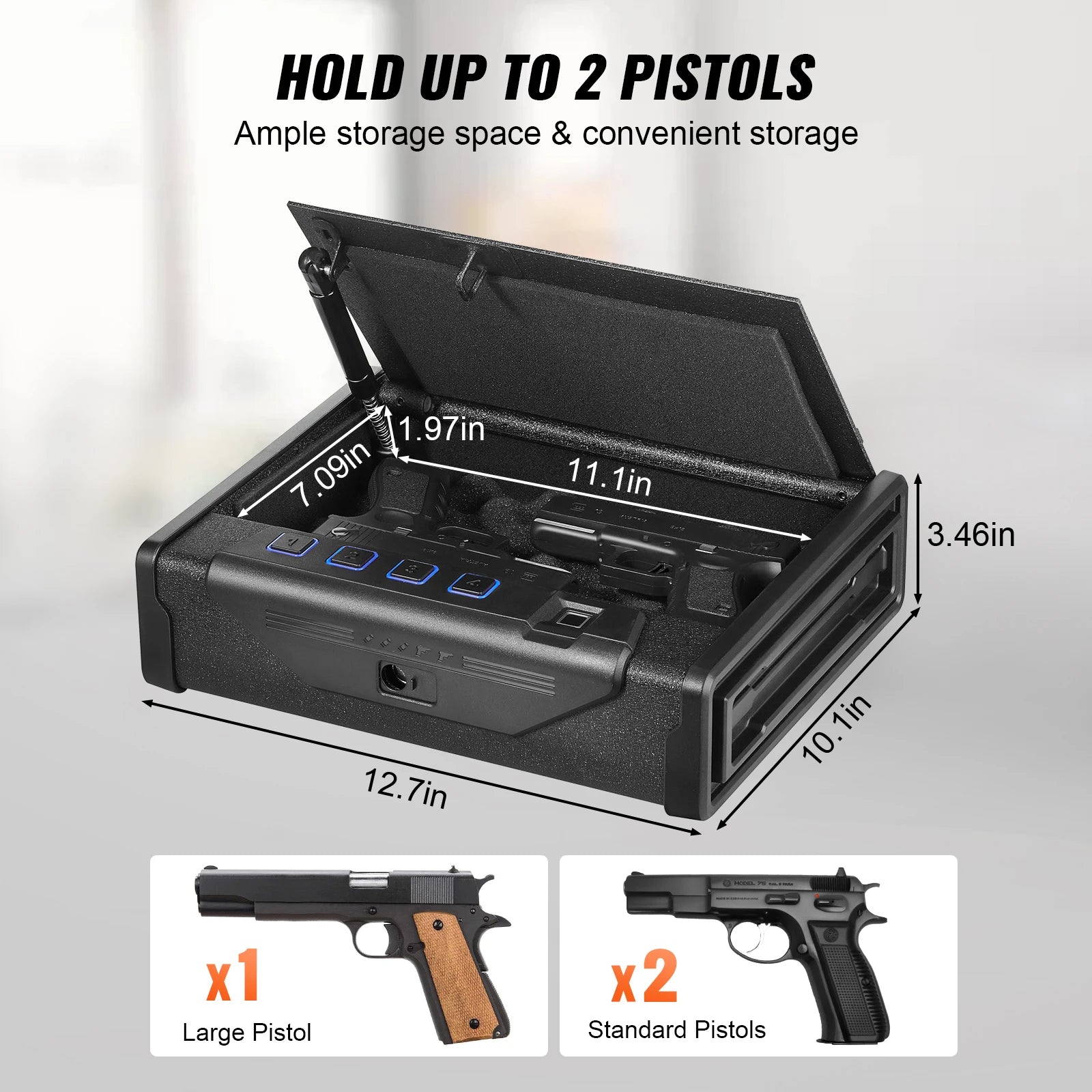 SucceBuy Pistol Safe — Q235 Steel, 3-Way Quick Access, Biometric Fingerprint, LED, Silent Mode