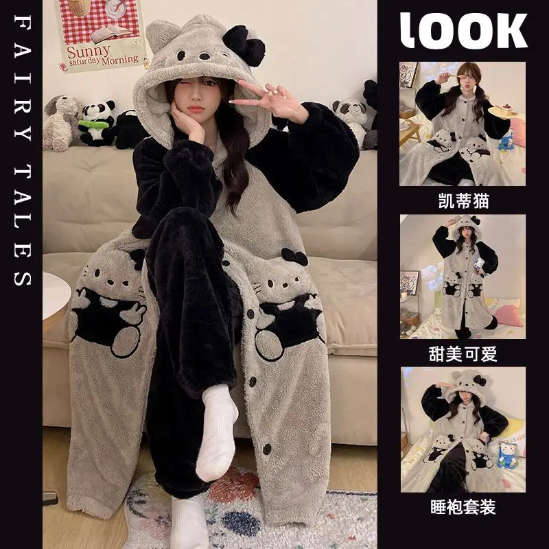 Women's Kawaii Coral Velvet Hooded Pajamas | Thickened Flannel Casual Homewear Suit