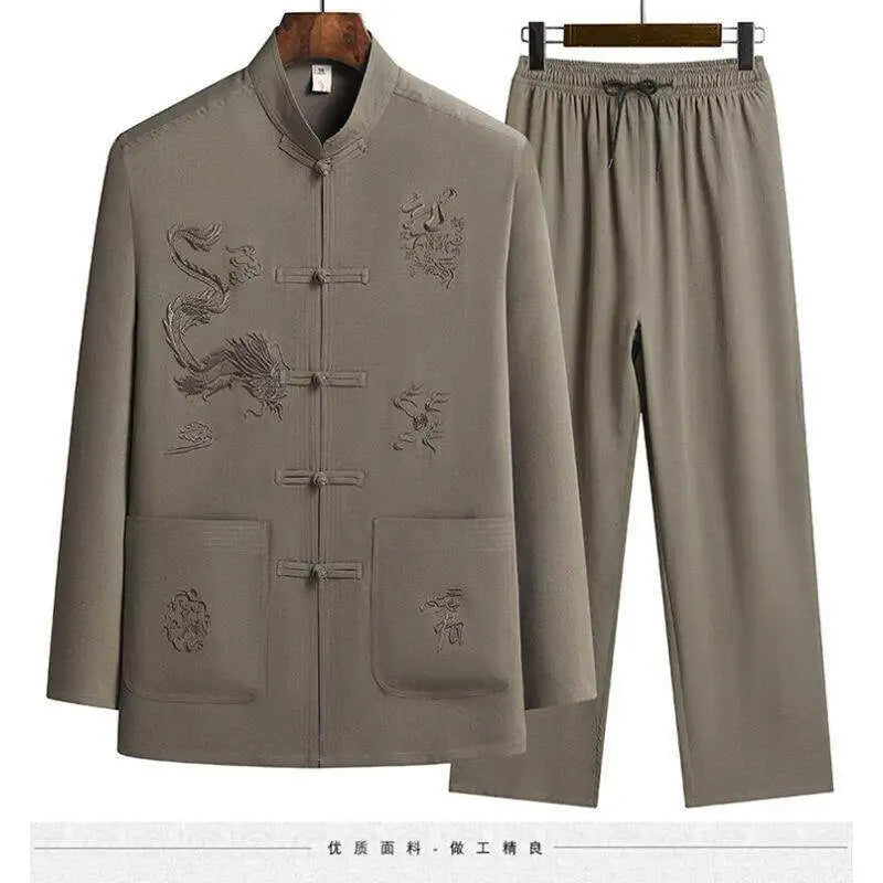Men's Chinese Style Long Sleeve Shirt & Elastic Waist Pants Casual Set