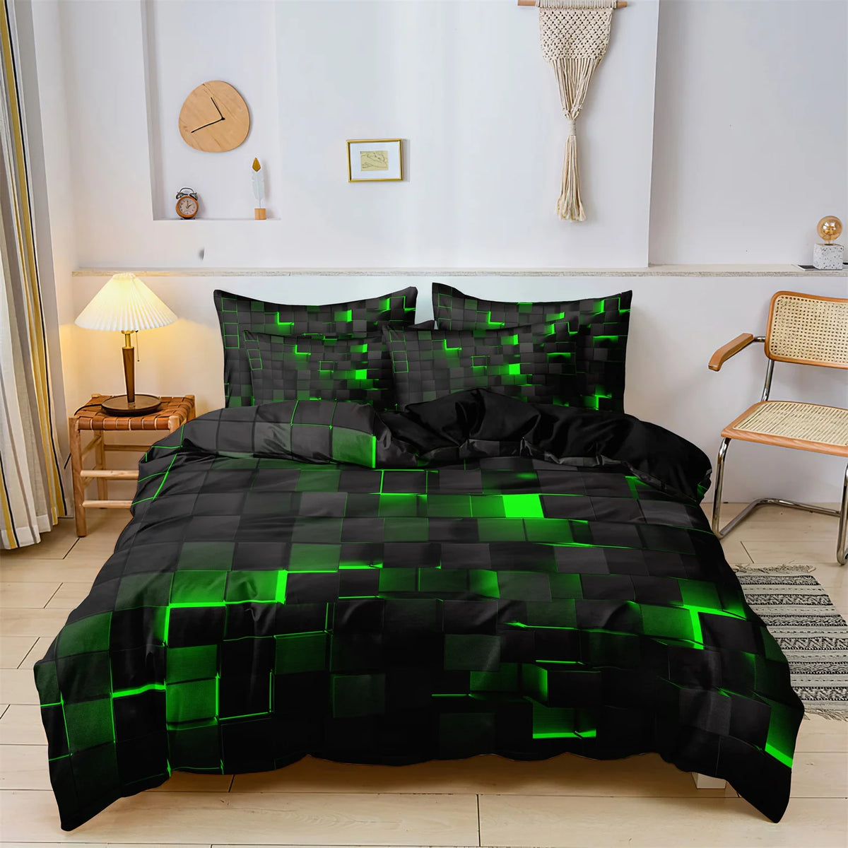 3-Piece Geometric Grid Plaid Duvet Cover Set – 1 Duvet Cover & 2 Pillowcases, Twin to King