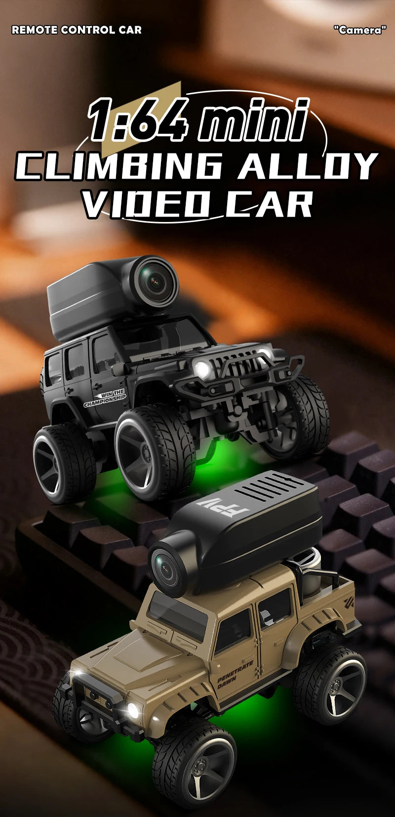 KF32 1:64 Mini RC Climbing Car with LED Lights & HD Camera – Alloy Remote Control Toy