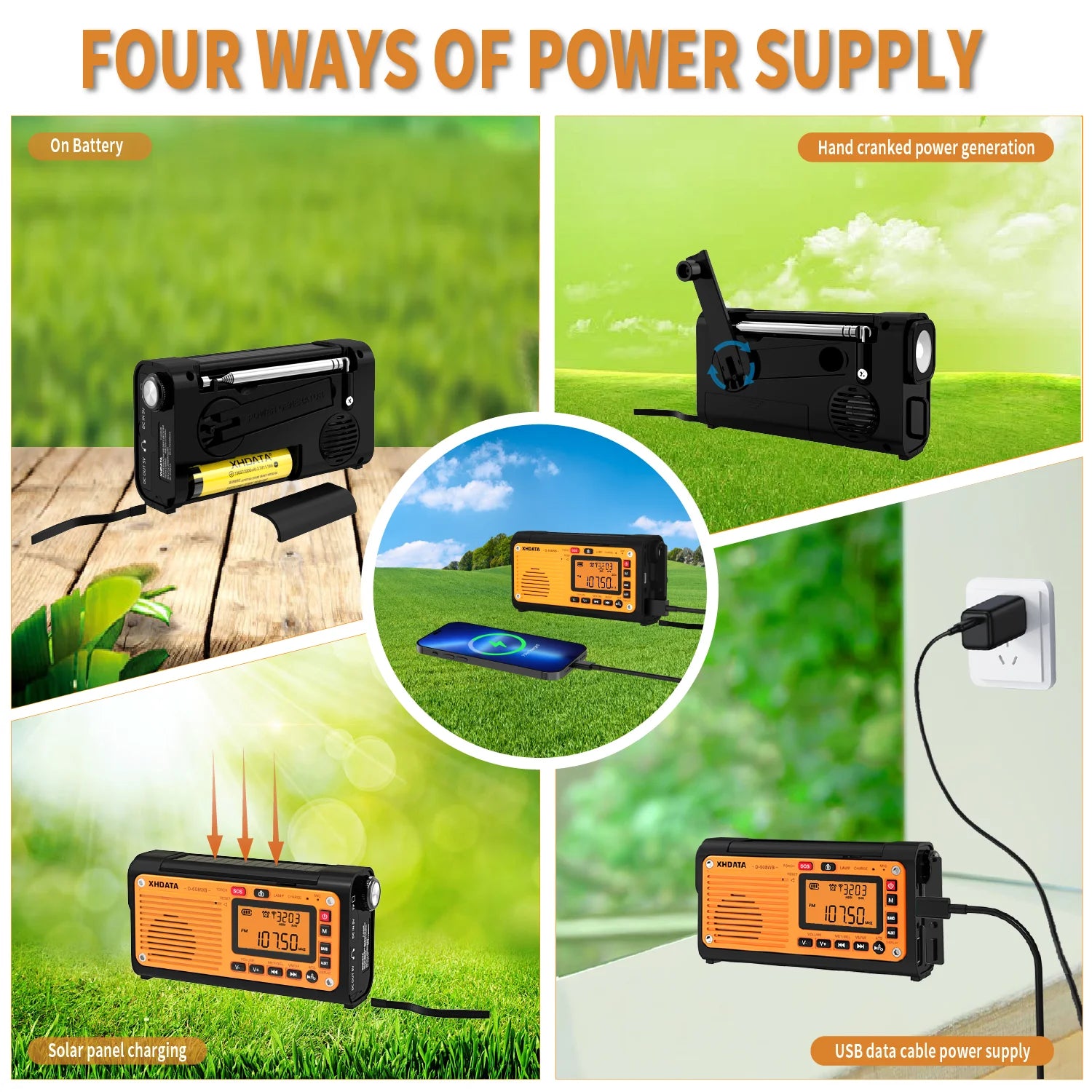 XHDATA D-608WB Emergency Crank Weather Radio — NOAA, Solar & Hand Crank Powered