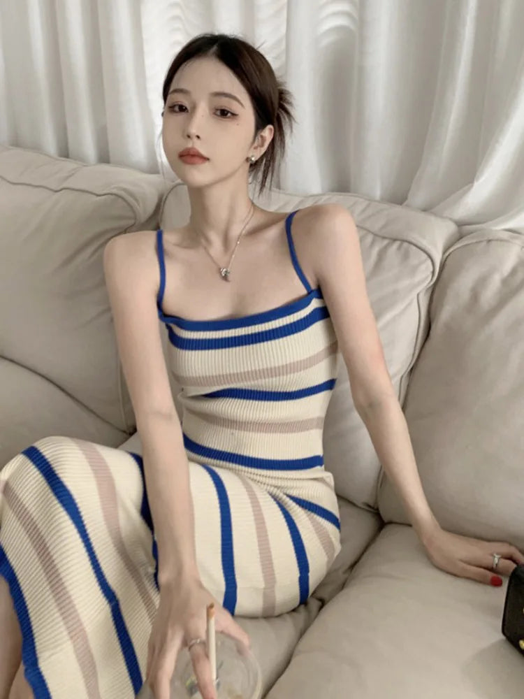 Elegant Camisole Knitted Striped Midi Dress – Sleeveless Slim Fit Summer Dress