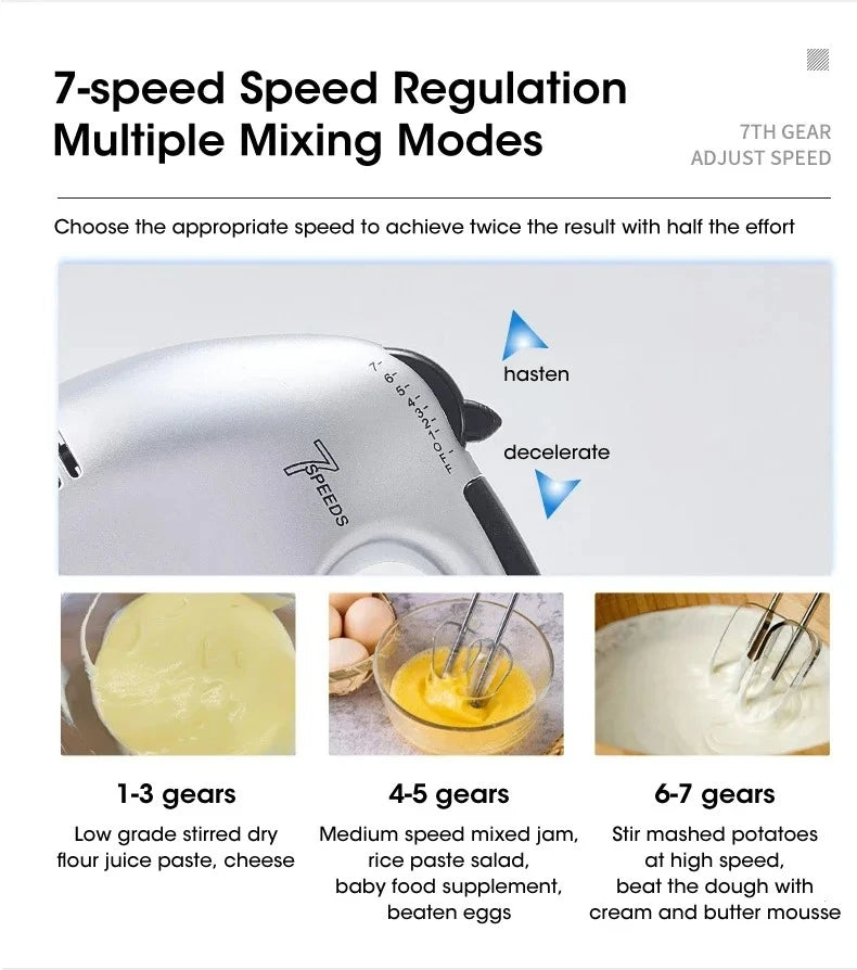 7-Speed Electric Hand Mixer – Automatic Blender for Cream, Eggs, Cake & Dough