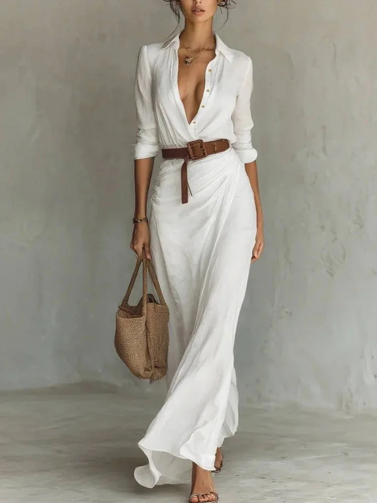 Strapless Pleated Belted Beach Dress — Chic Asymmetrical Slim Evening Dress