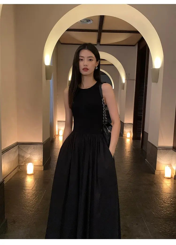Women's Vintage Black Midi Dress – O-Neck Office Lady Casual Style with Pockets