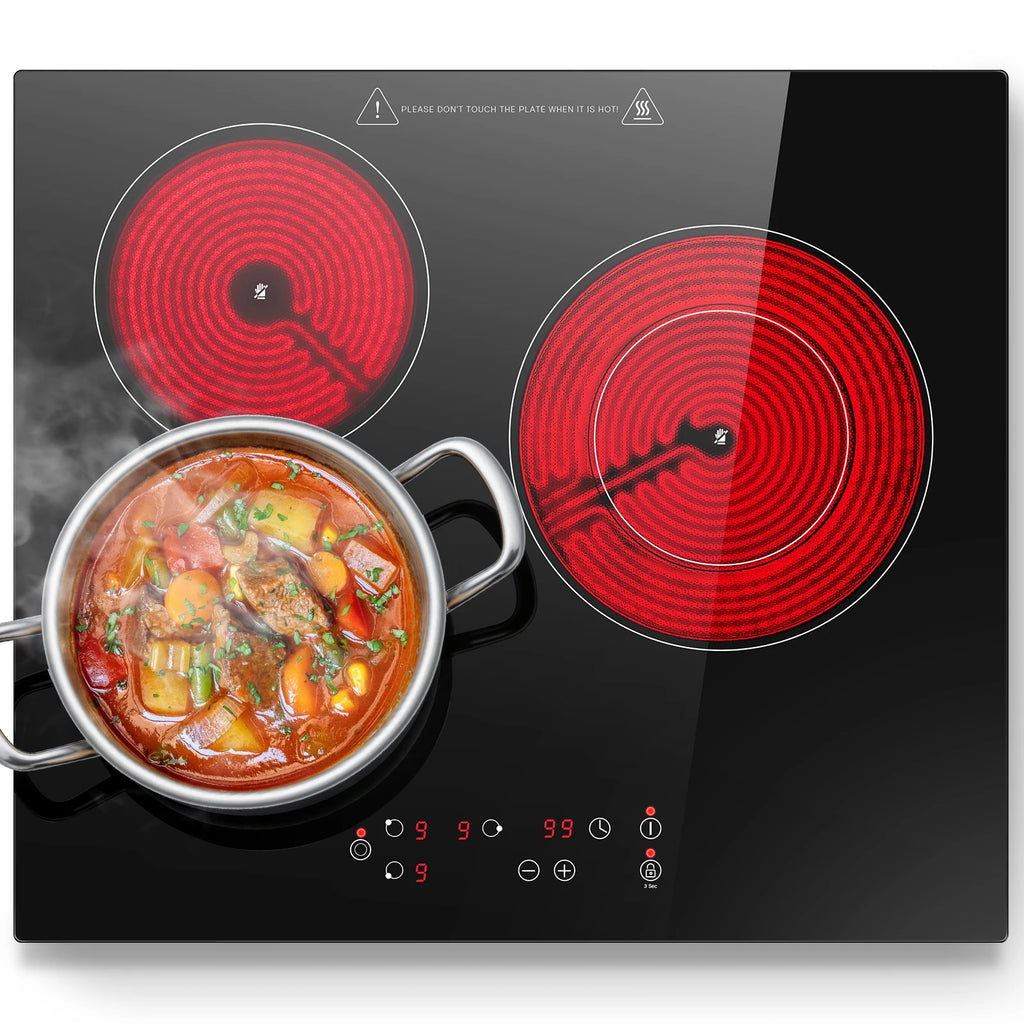 2-Zone Ceramic Hob – 3000W, Child Lock, 9 Heat Levels, 1-99 Min Timer, 60cm Black Glass (CE Certified)