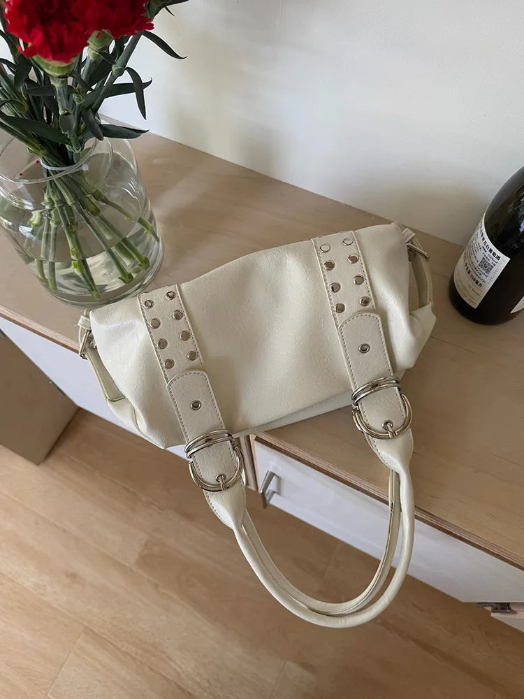 Women's Rivet PU Leather Motorcycle Shoulder Bag – Hot Girl Underarm Handbag in Black & White