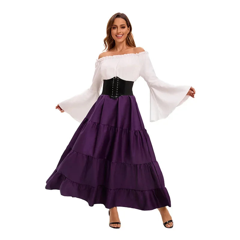 Medieval Renaissance Costume Dress — Off-Shoulder Victorian Queen Outfit with Waist Corset