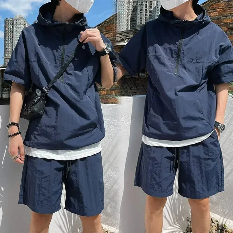 Men's Cargo Style Hooded T-Shirt & Shorts Set – Solid Loose Fashion Casual Sweatshirt Suit