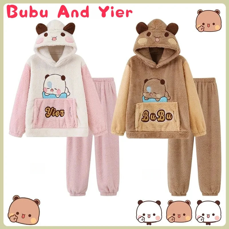 Kawaii Panda Bubu & Dudu Couples Coral Fleece Pajamas | Cartoon Autumn Winter Sleepwear