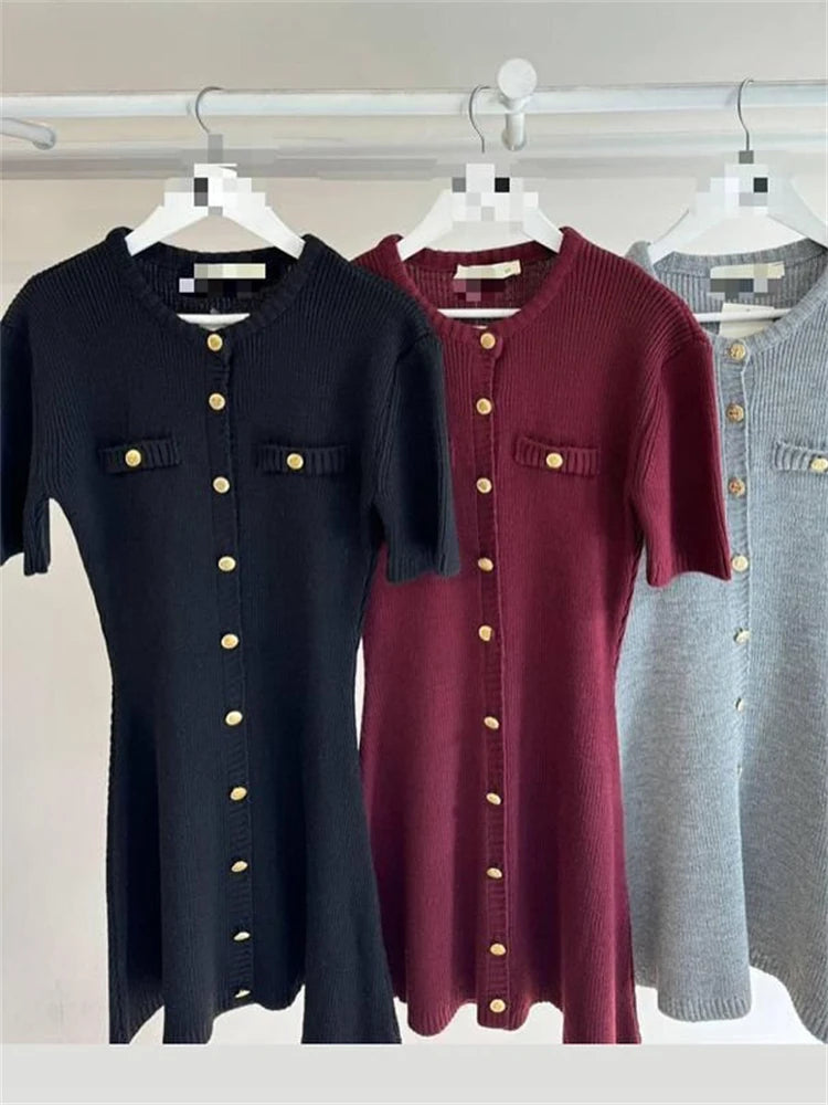 Elegant Knit Rib Mini Dress — High Waist Short Sleeve Bodycon Sweater Dress