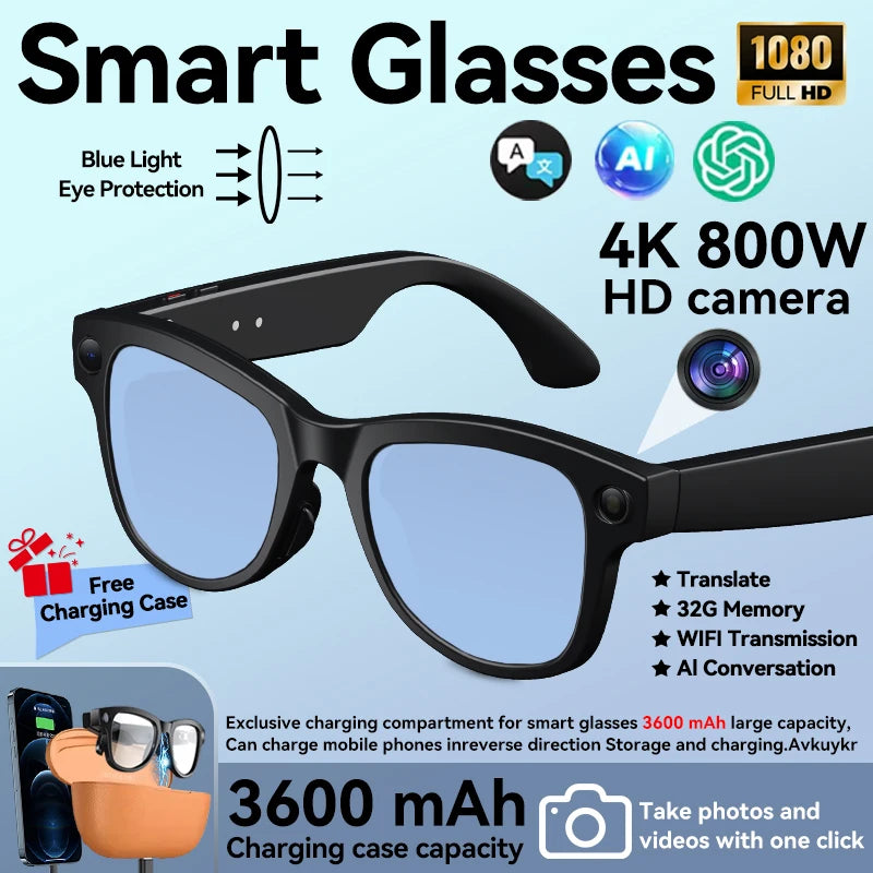 Smart Glasses with 3600mAh Power Bank — Bluetooth Audio & Built-In Battery