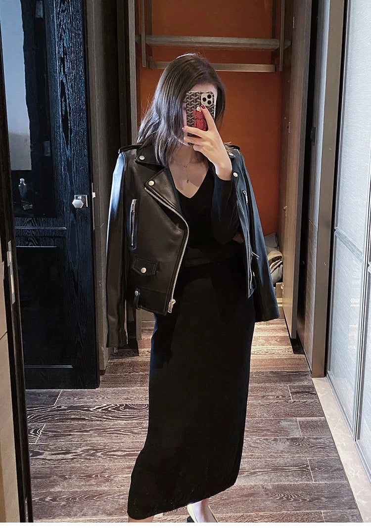 Women's Sheepskin Leather Jacket – Cropped Moto Style