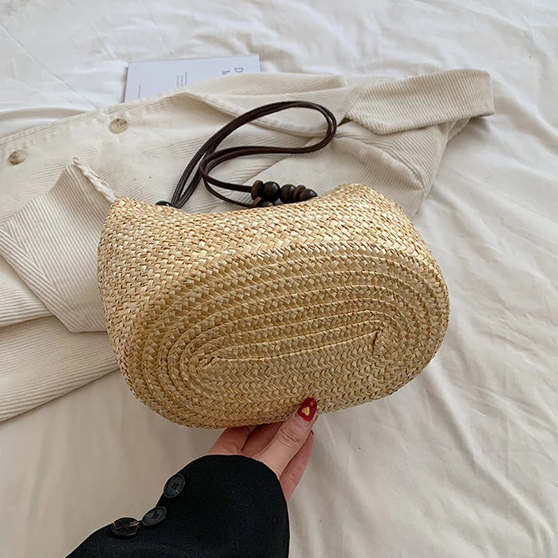 Handmade Straw Rattan Woven Tote Bag – Bohemian Beaded Summer Beach Shoulder Bag for Women
