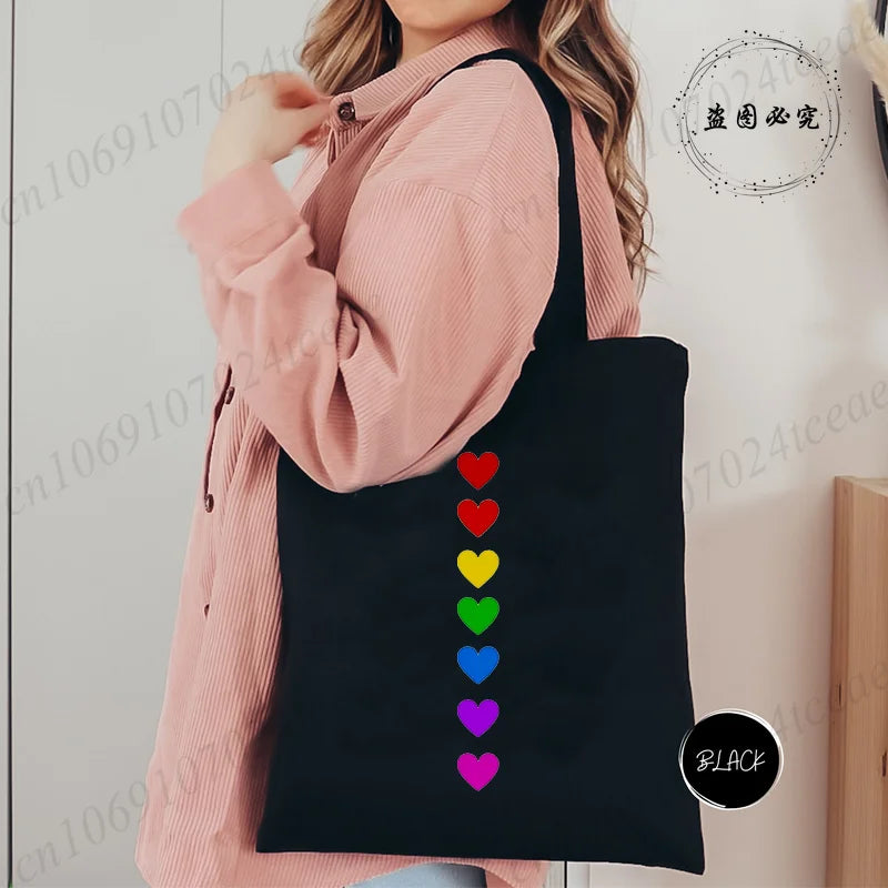 Large Capacity Canvas Shoulder Bag – Harajuku Watercolor Heart Print Shopper Tote