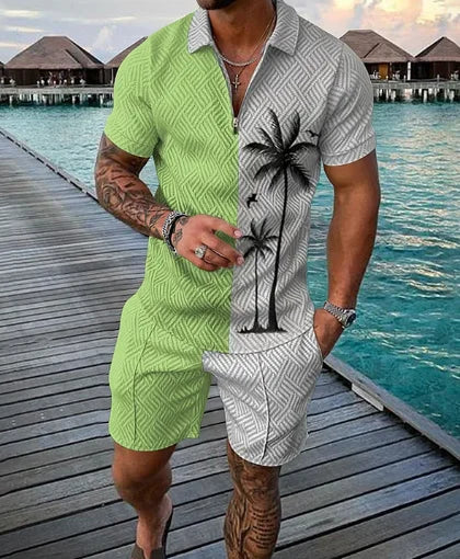Men's 3D Printed Summer Tracksuit Set – Short Sleeve Polo Shirt & Shorts