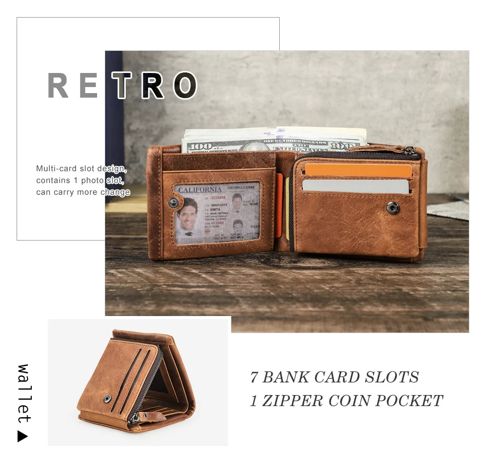 Genuine Cowhide Leather Men's Trifold Wallet – Vintage Crazy Horse Leather Zip Coin Pocket Purse