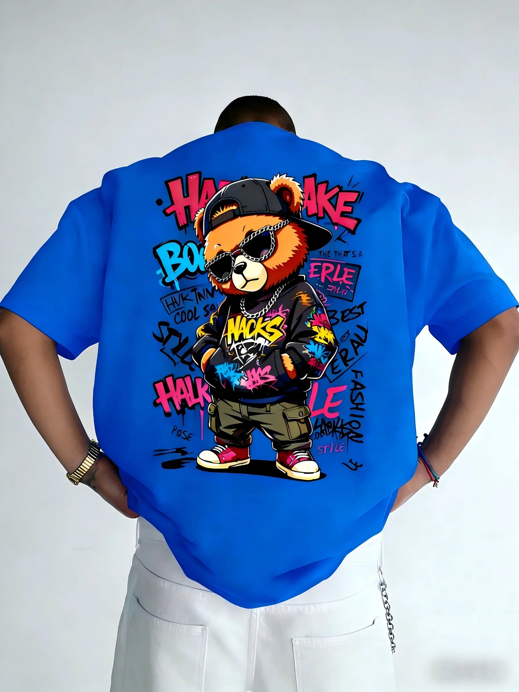 Teddy Bear Graffiti Print T-Shirt — Men's Breathable Round Neck Street Style Top