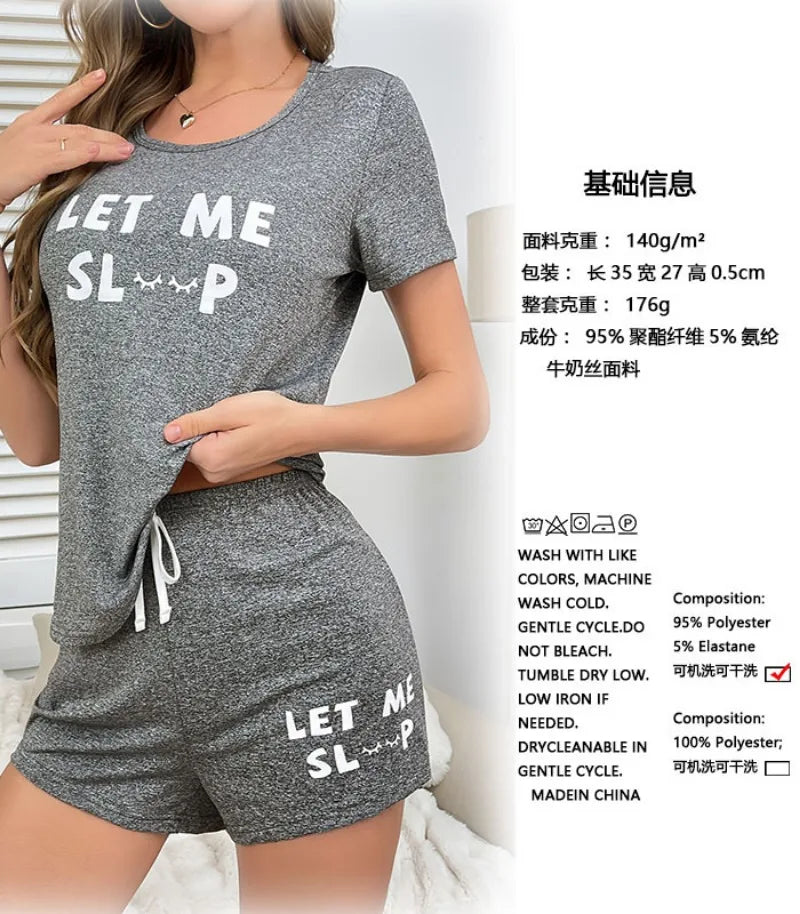 Letter Print Short Sleeve Top & Shorts Pajama Set — Casual Homewear