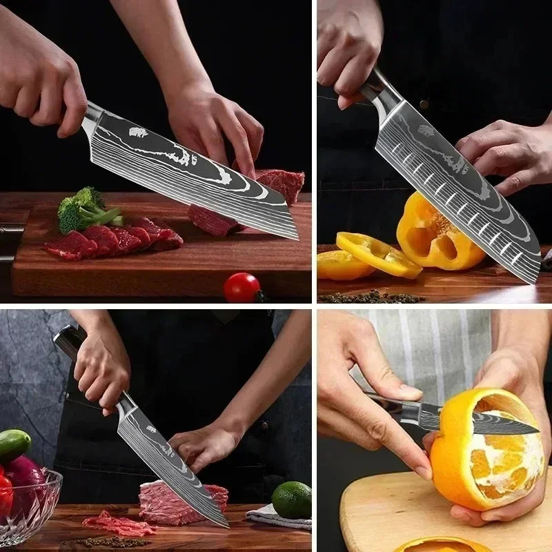 Damascus Kitchen Knife Set — Japanese Santoku, Cleaver, Slicing & Boning Knives