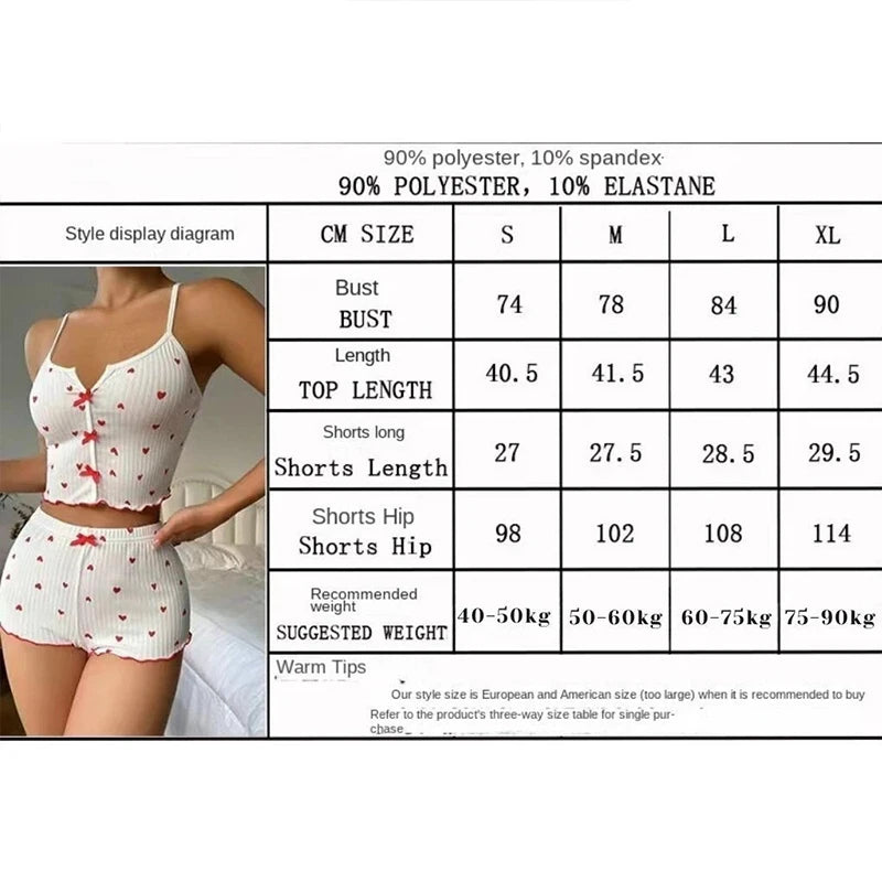 Women's Heart Print Frill Trim Cami Top & Shorts Pajama Set | Soft Ribbed Loungewear