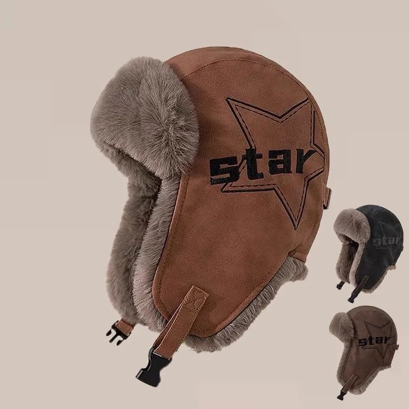 Faux Leather Trapper Hat with Plush Lining and Ear Flaps